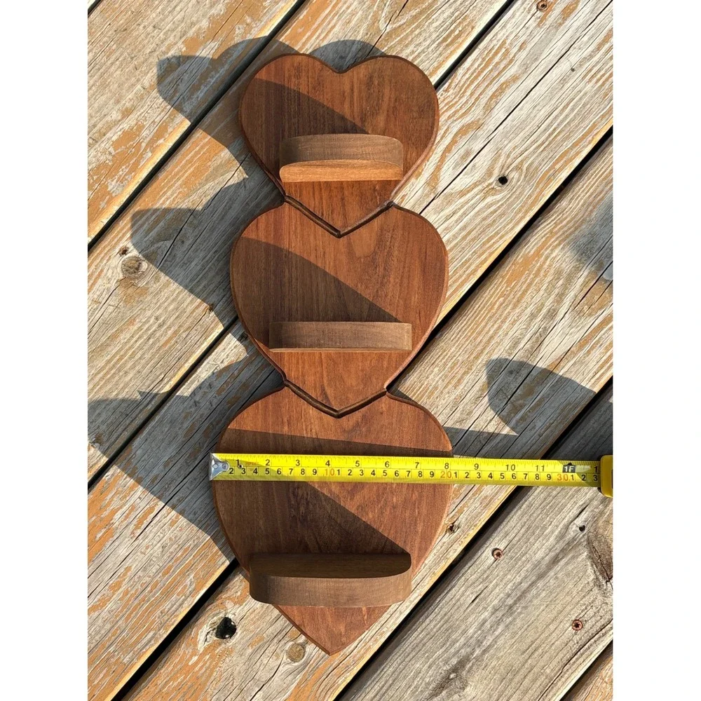 Vintage Wooden Triple Heart Wall Shelf Brown Floating Display Ledge 20 Inch